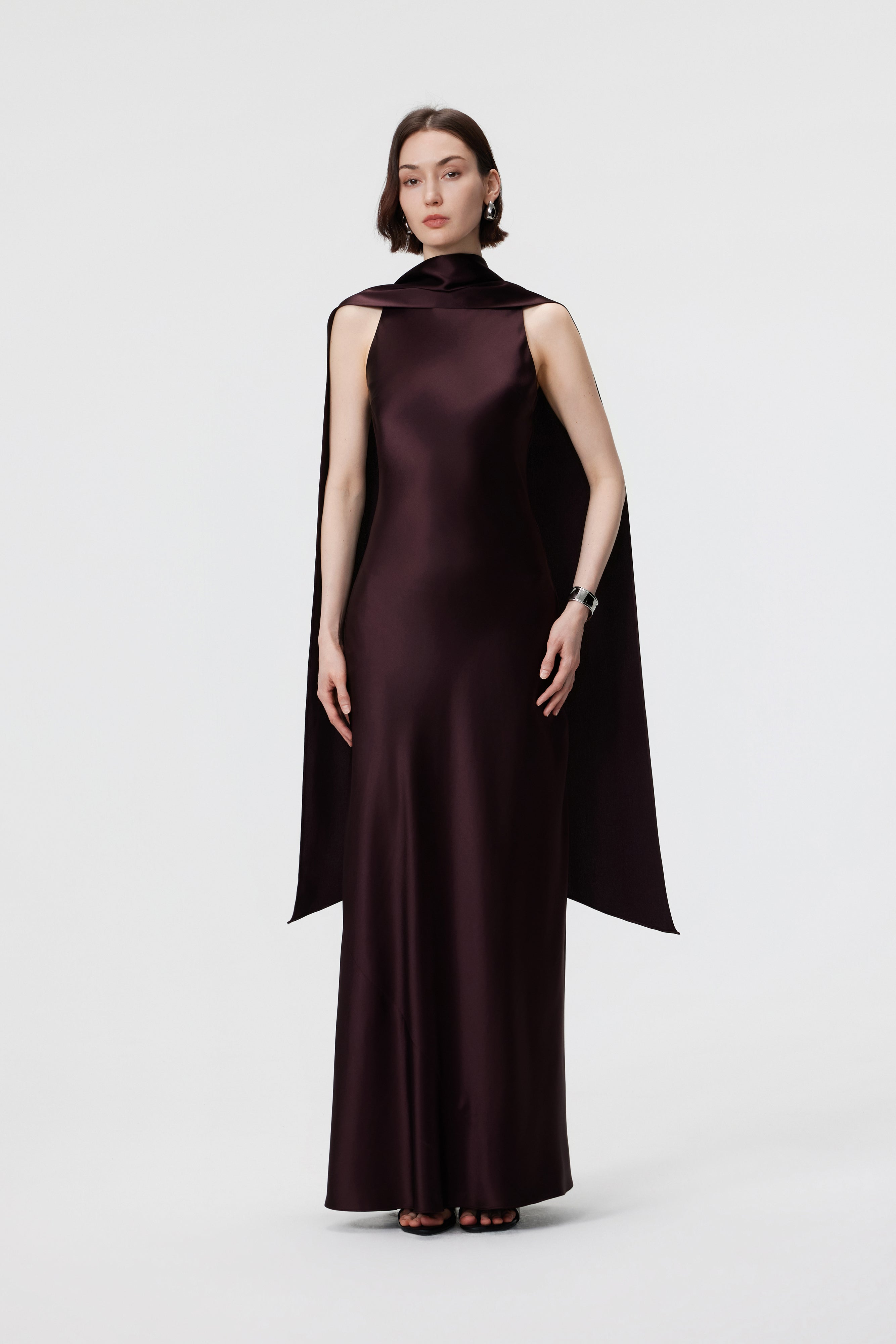 The Elara dress in Espresso front in fluid, bias-cut Naia™ acetate.