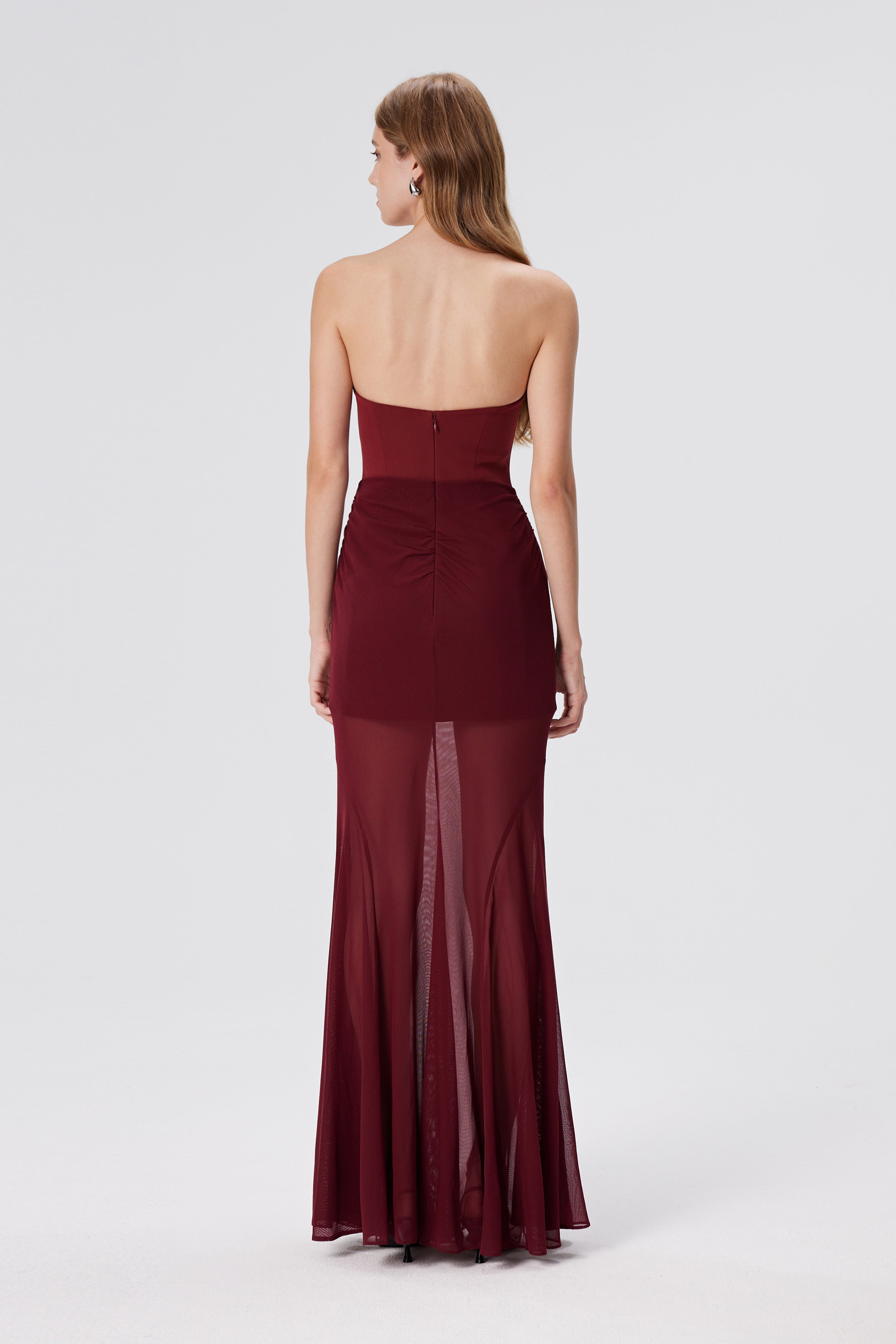 Giasa Strapless Draped Mesh Fishtail Gown - Red Berry