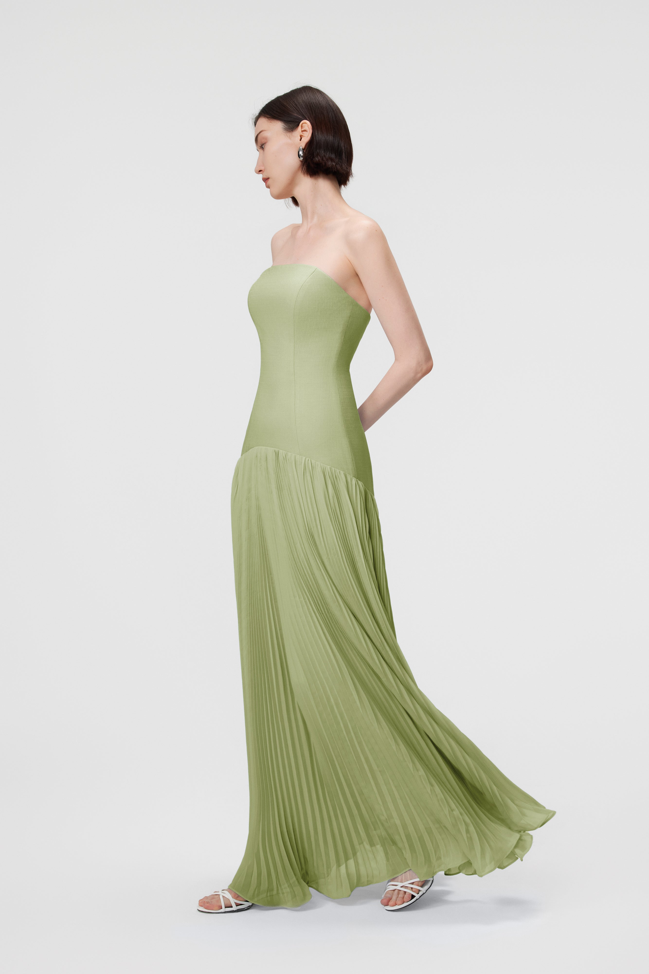 Luna Slubbed Bustier Pleated Gown - Pistachio