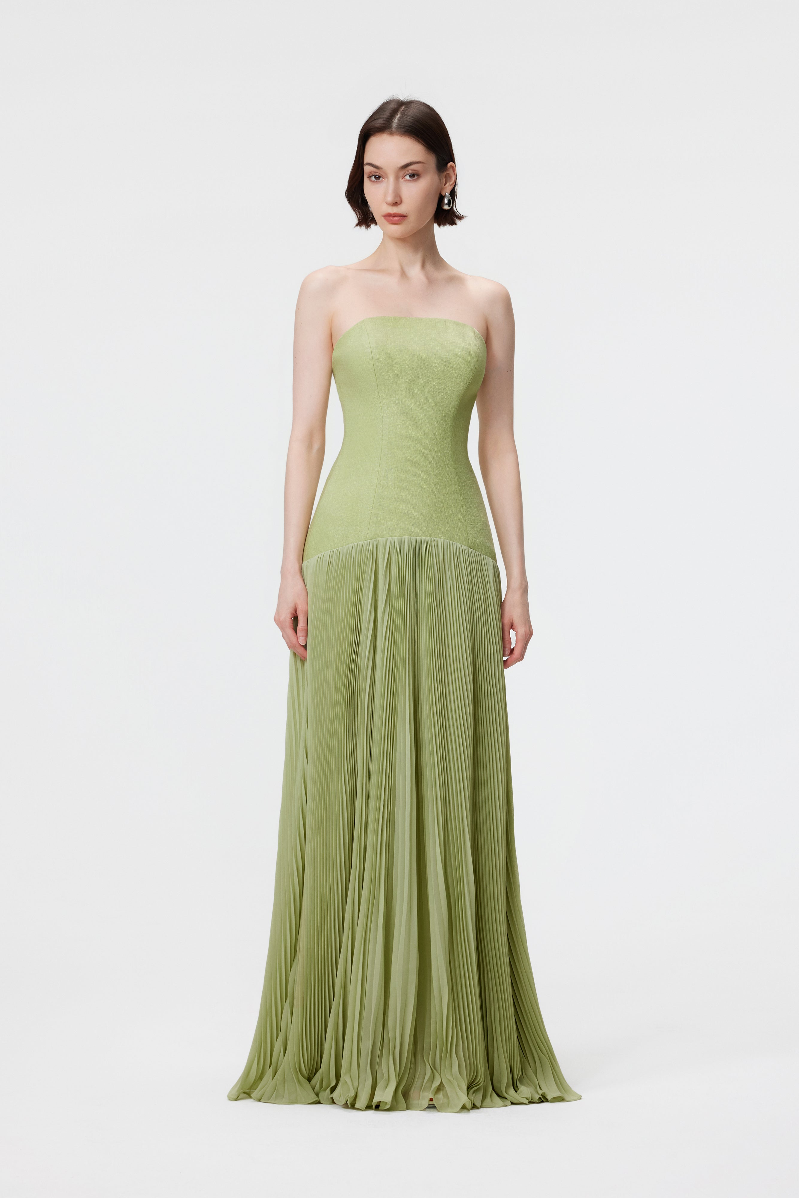 Luna Slubbed Bustier Pleated Gown - Pistachio