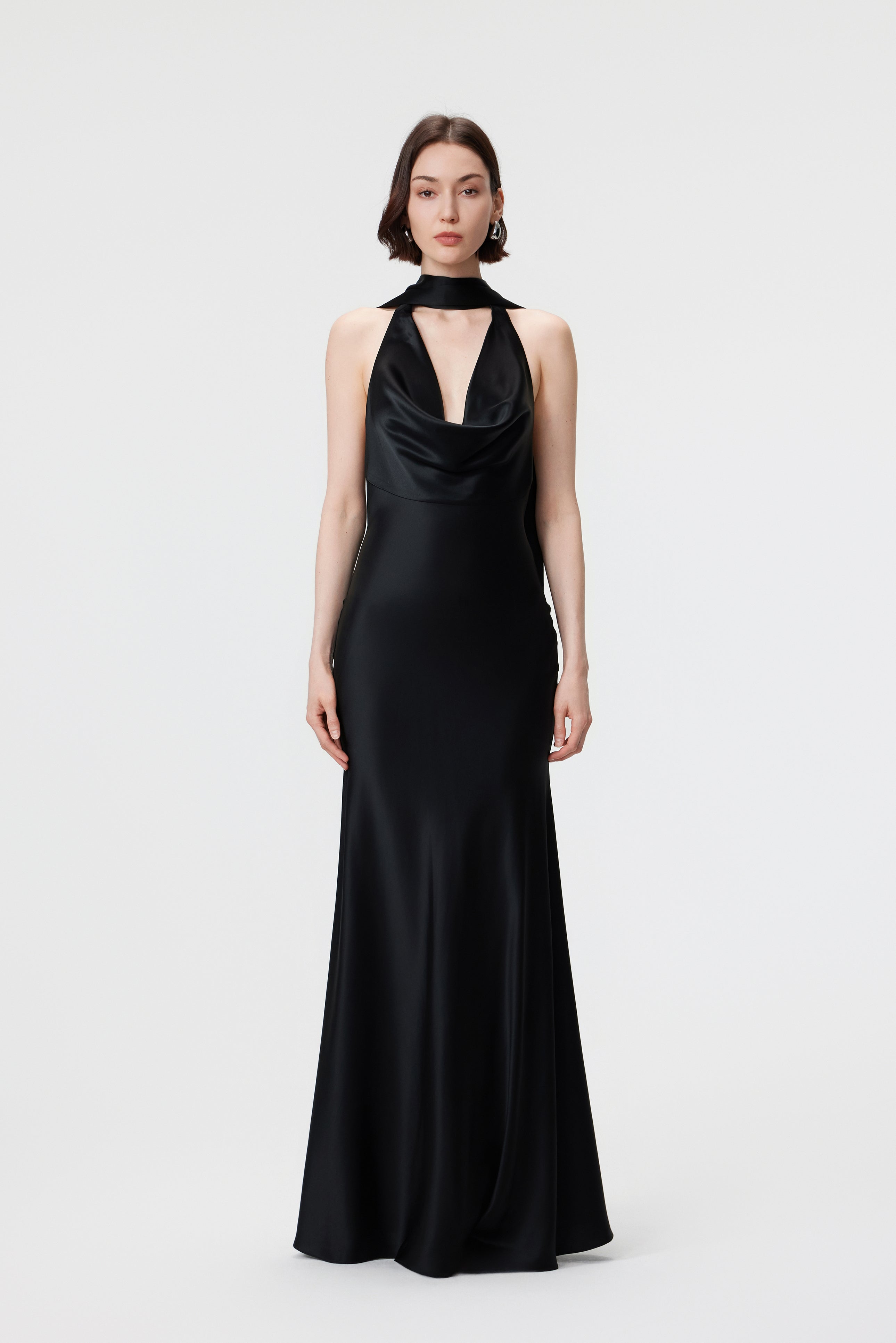 Rhea Halter Gown & Scarf Set - Black