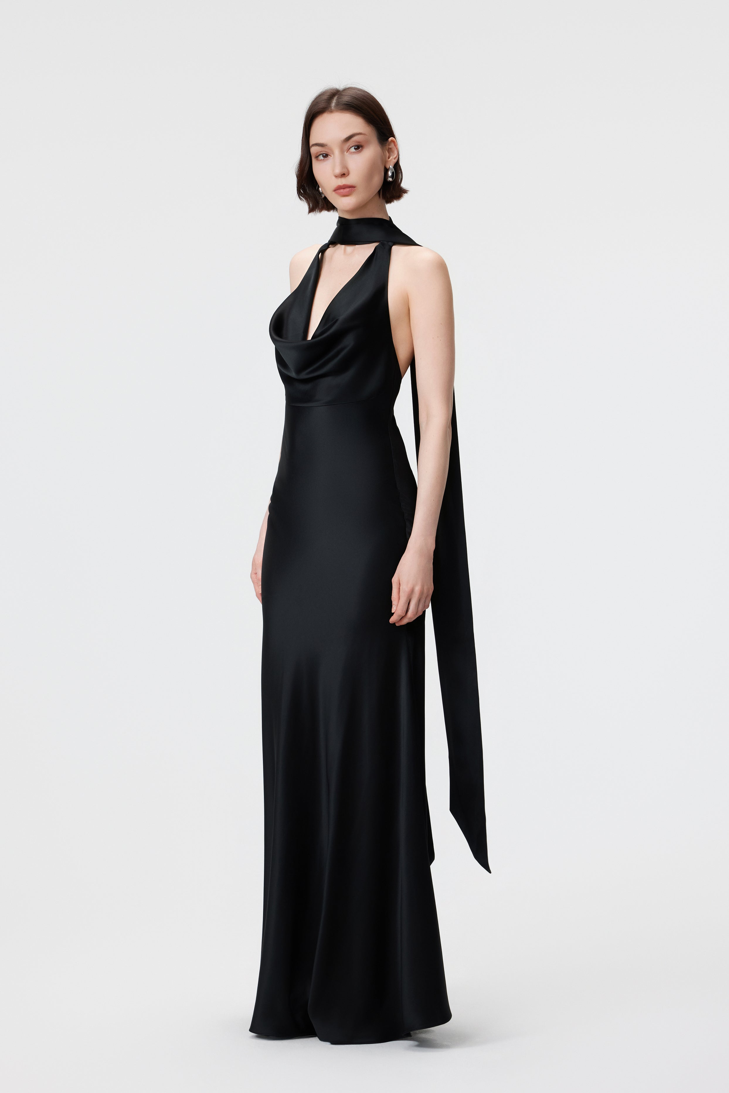 Rhea Halter Gown & Scarf Set - Black