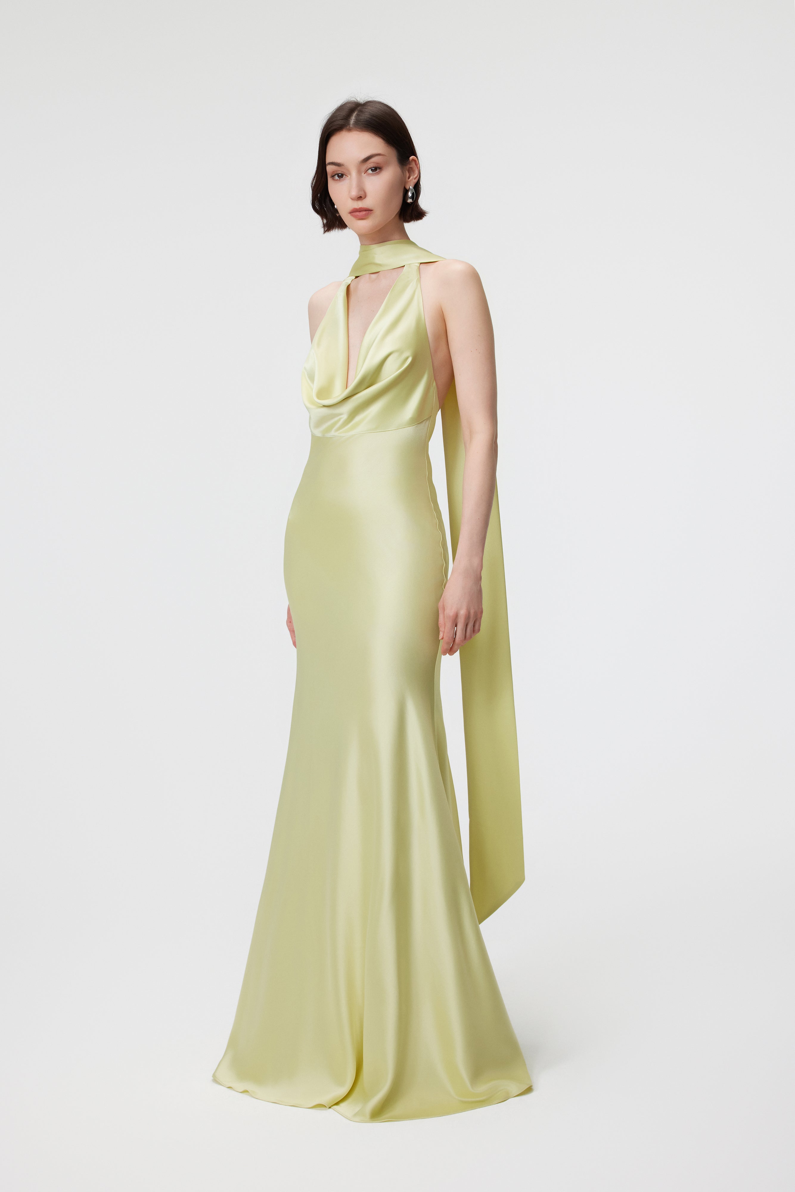 Rhea Halter Gown & Scarf Set - Citron