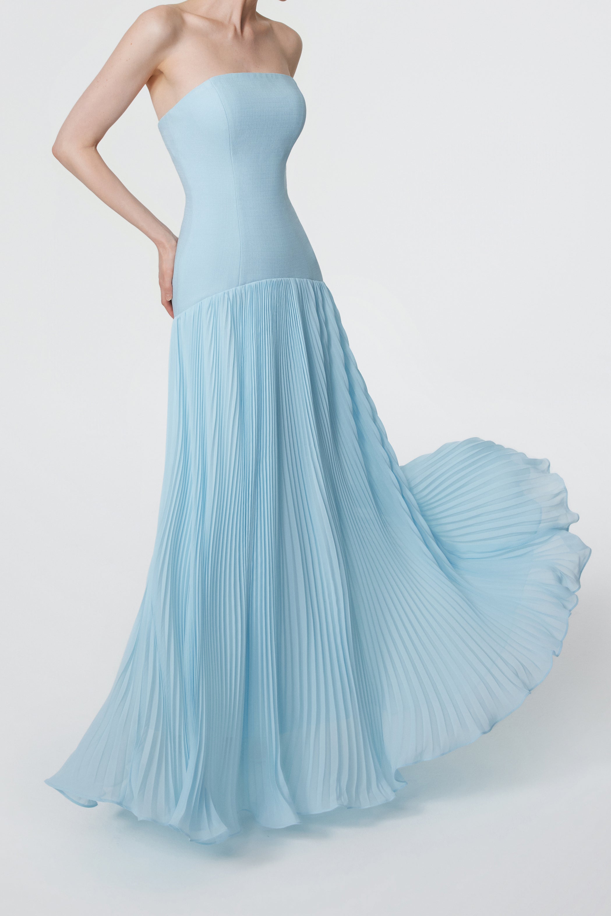 Luna Slubbed Bustier Pleated Gown - Ether Blue
