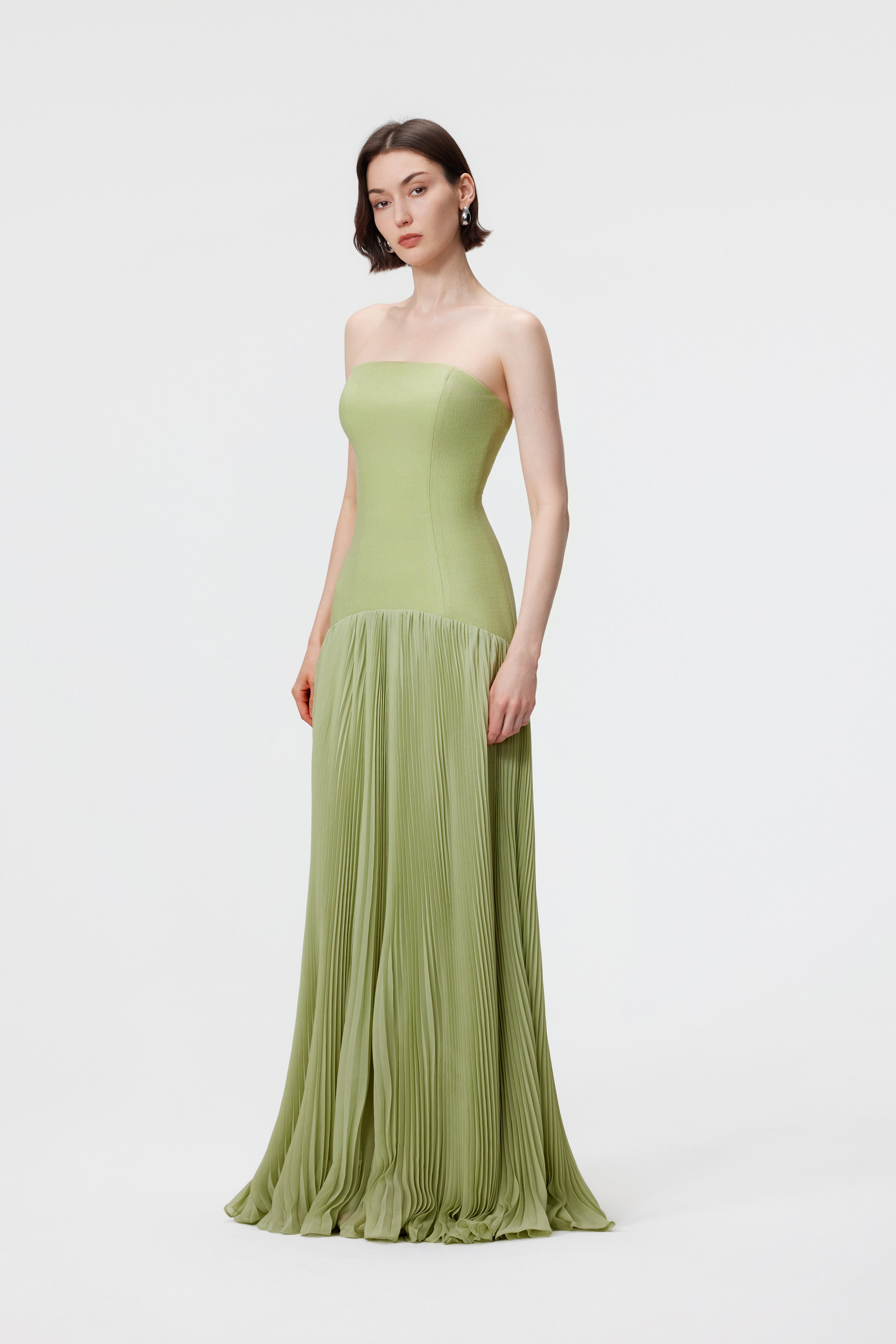 Luna Slubbed Bustier Pleated Gown - Pistachio