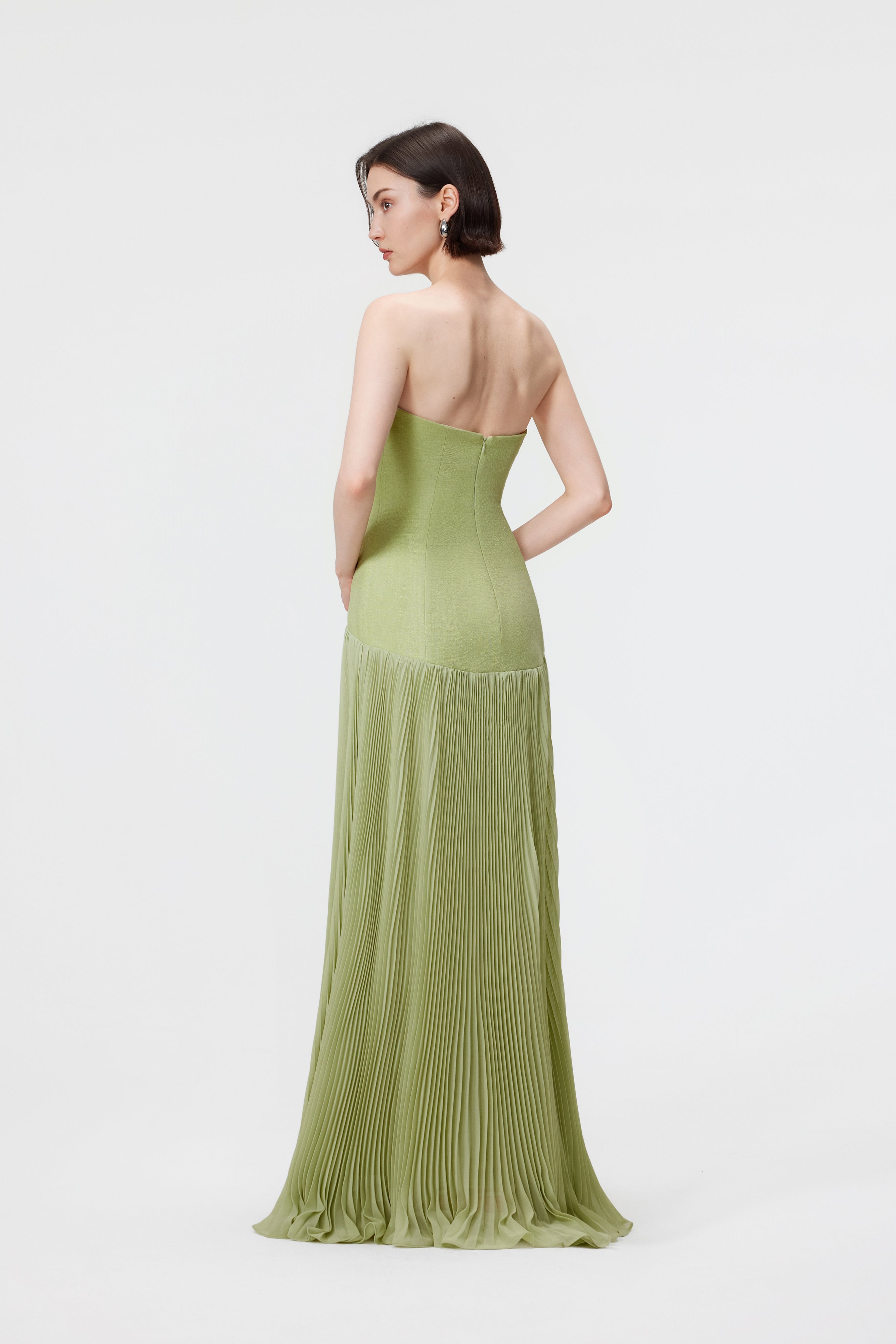Luna Slubbed Bustier Pleated Gown - Pistachio