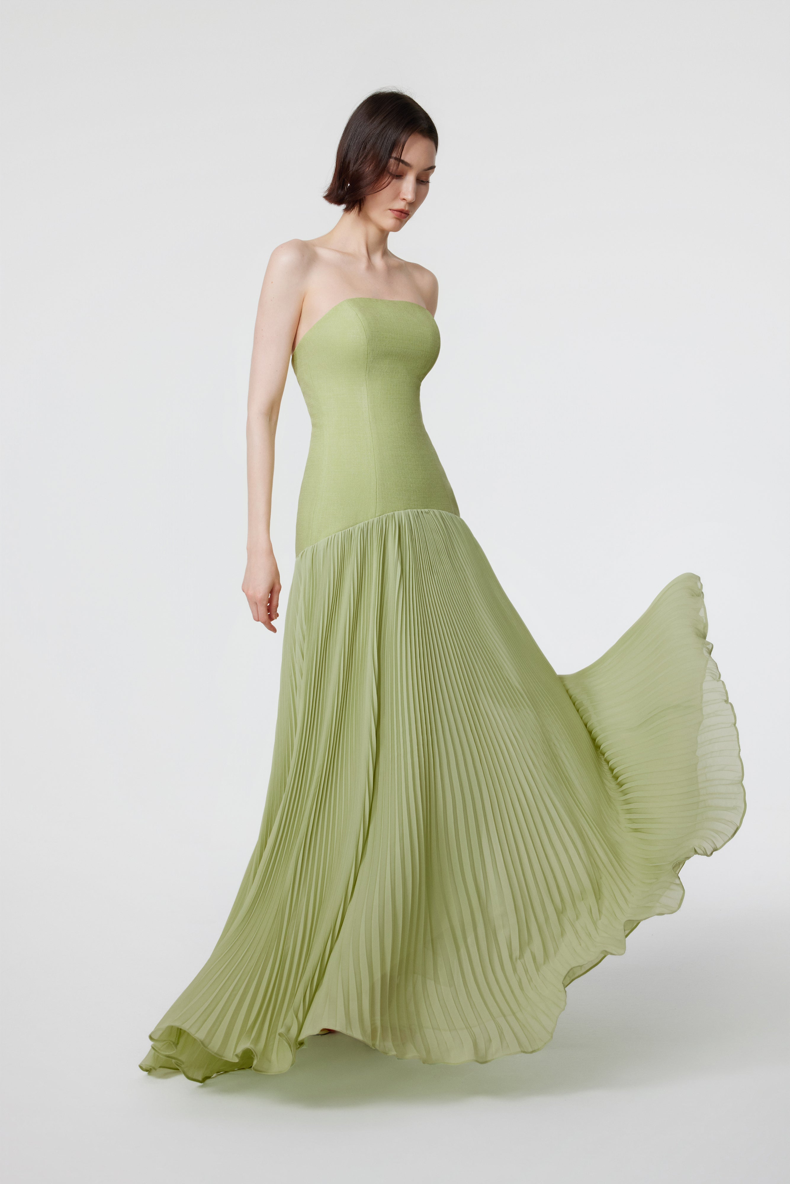 Luna Slubbed Bustier Pleated Gown - Pistachio