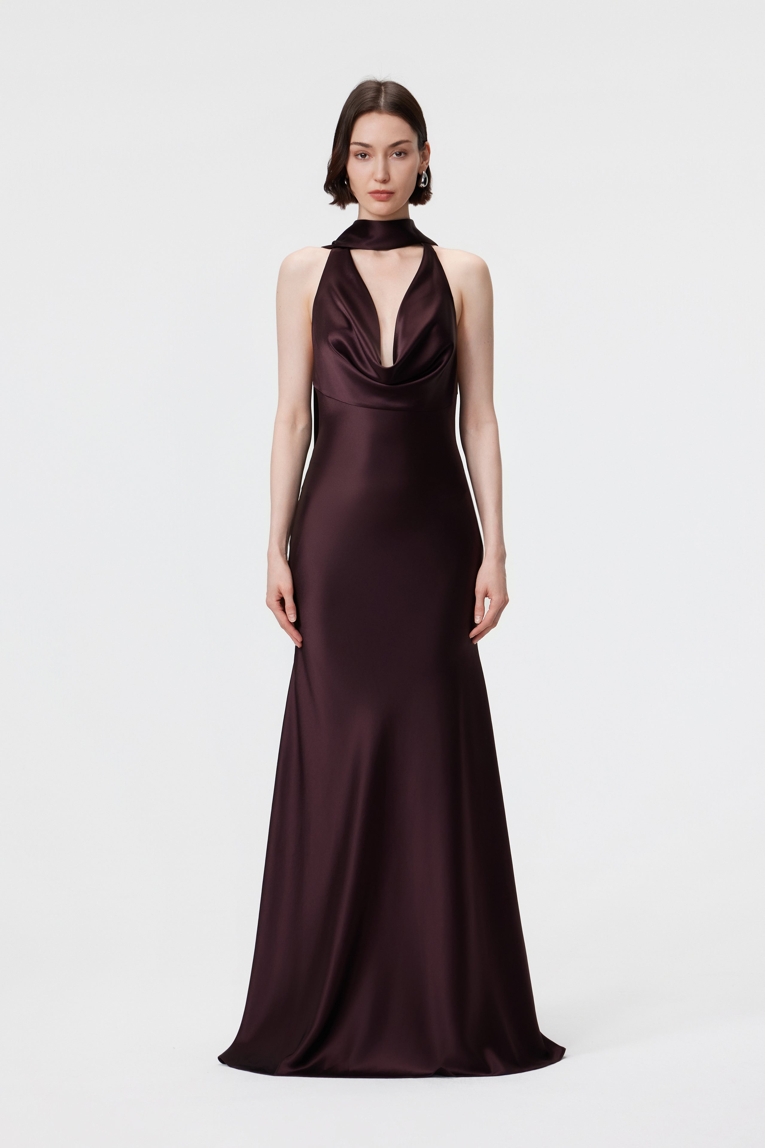 AENSO Rhea Halter Gown in Espresso with matching statement scarf; a tonal, statuesque evening look in luminous Naia™ Acetate.