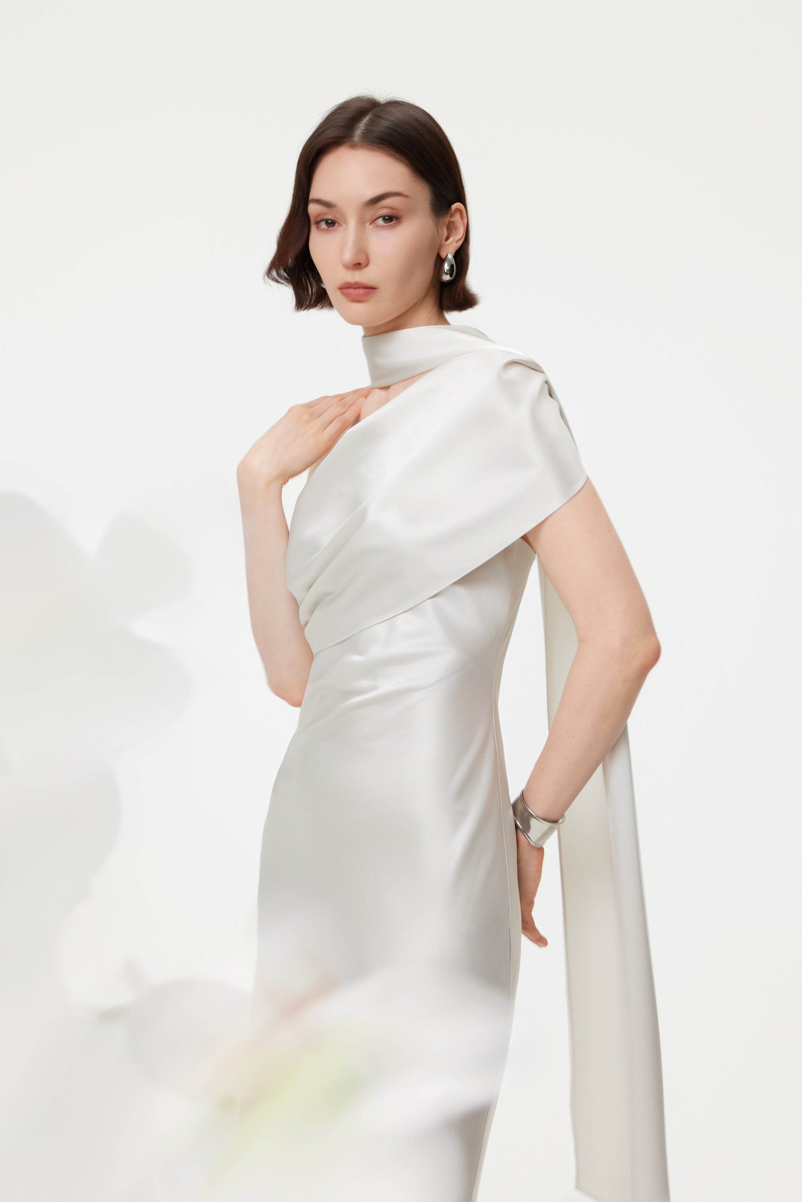 Lyra Convertible Scarf-Neck Dress - Pearl
