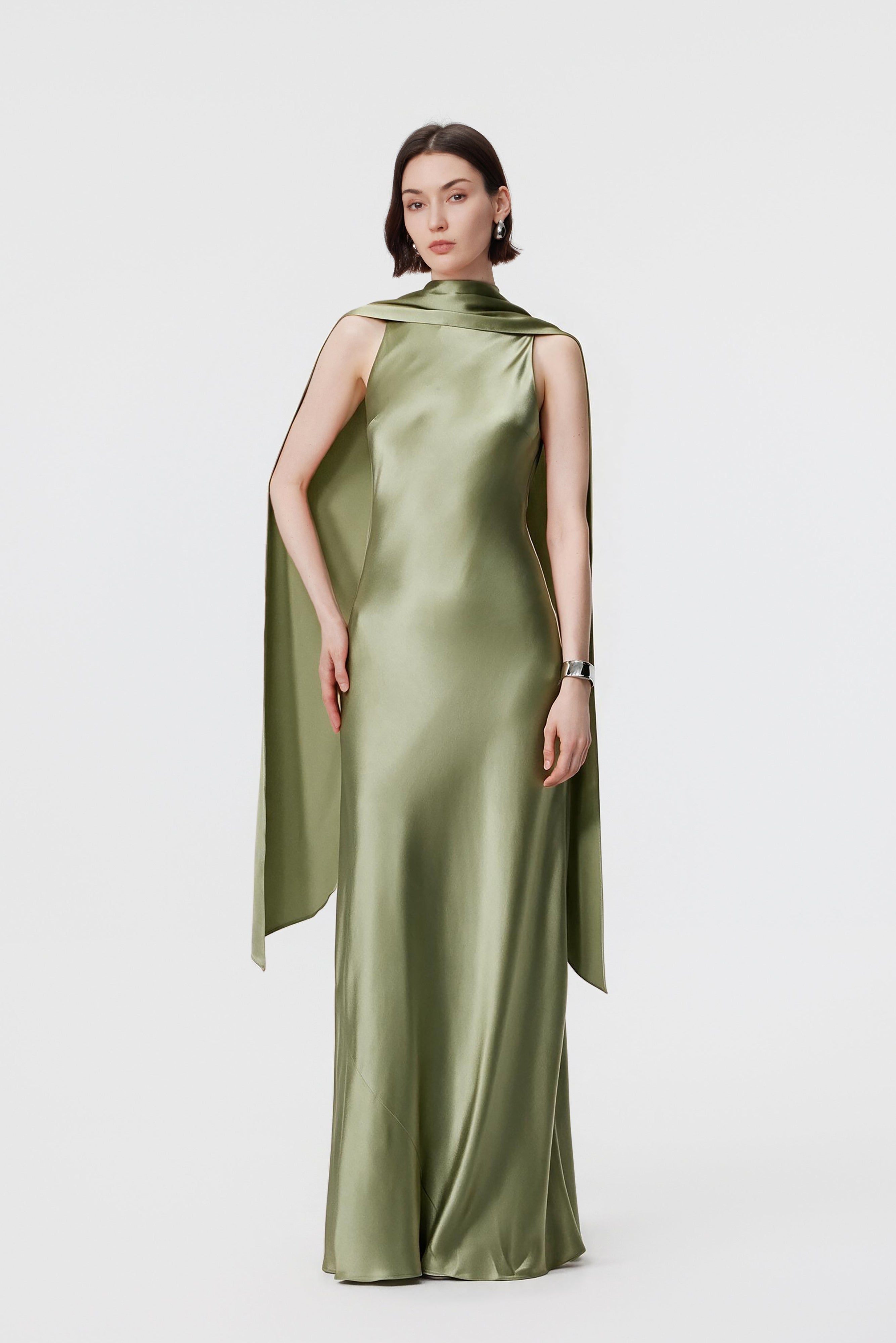 Front view of the high-neck Moss green satin dress featuring the integrated scarf draped forward over the shoulder.